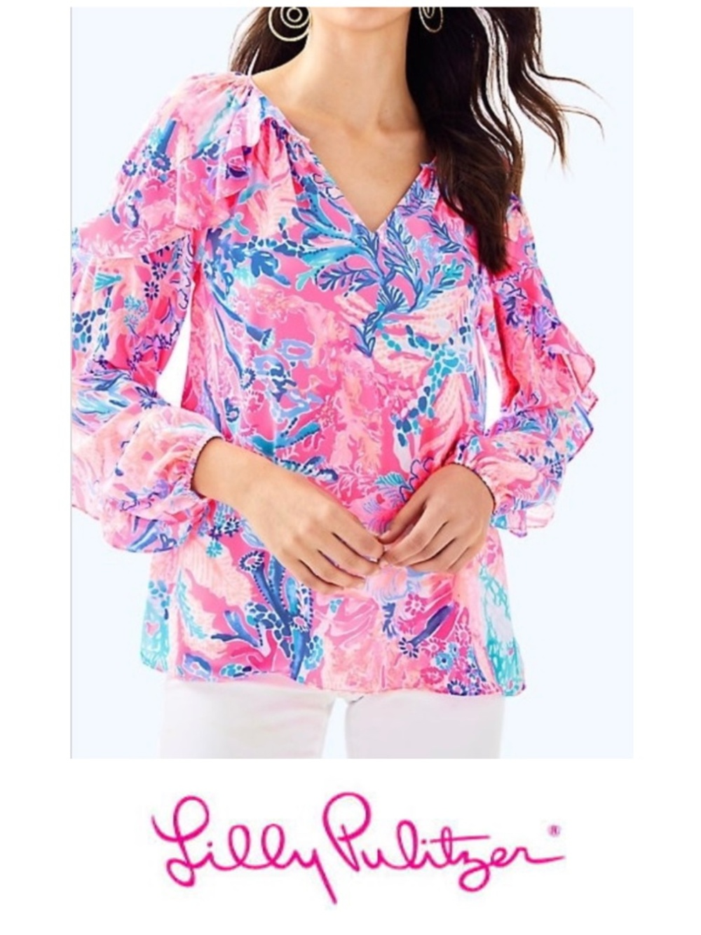 Like New Lilly Pulitzer Elora Ruffle Blouse Pascha Pink Aquadesiac Size XS